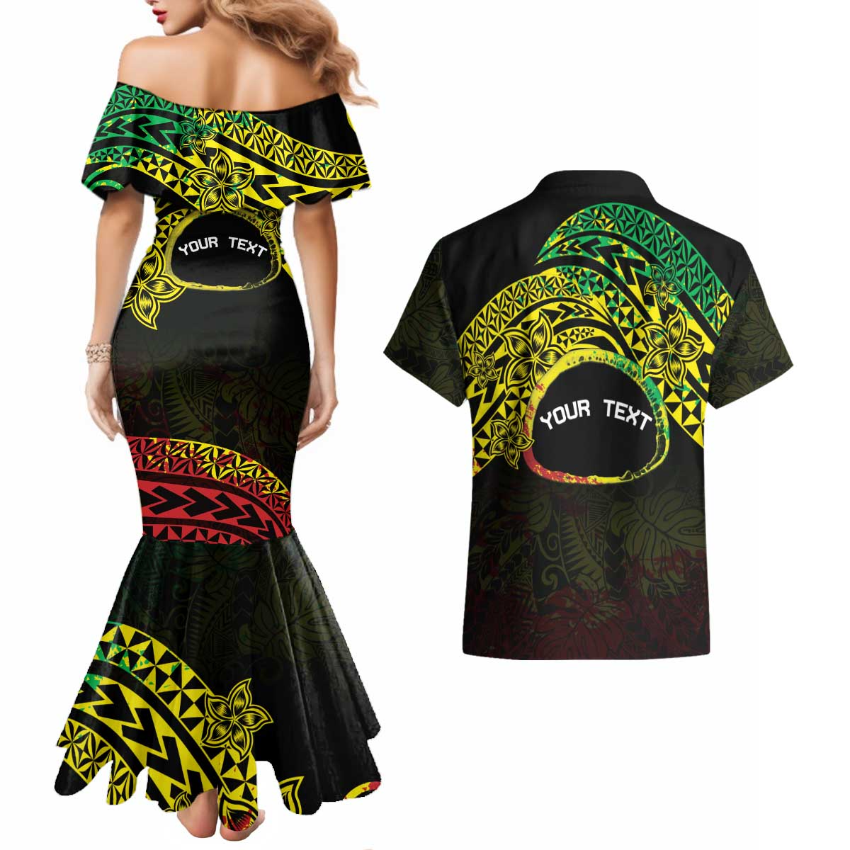 Personalised Nukuoro Atoll Couples Matching Mermaid Dress and Hawaiian Shirt Polynesian Tattoo Curves Reggae Version LT14 - Polynesian Pride