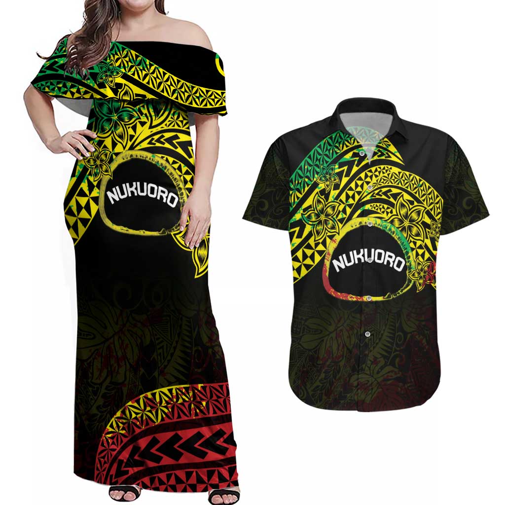 Personalised Nukuoro Atoll Couples Matching Off Shoulder Maxi Dress and Hawaiian Shirt Polynesian Tattoo Curves Reggae Version LT14 Reggae - Polynesian Pride