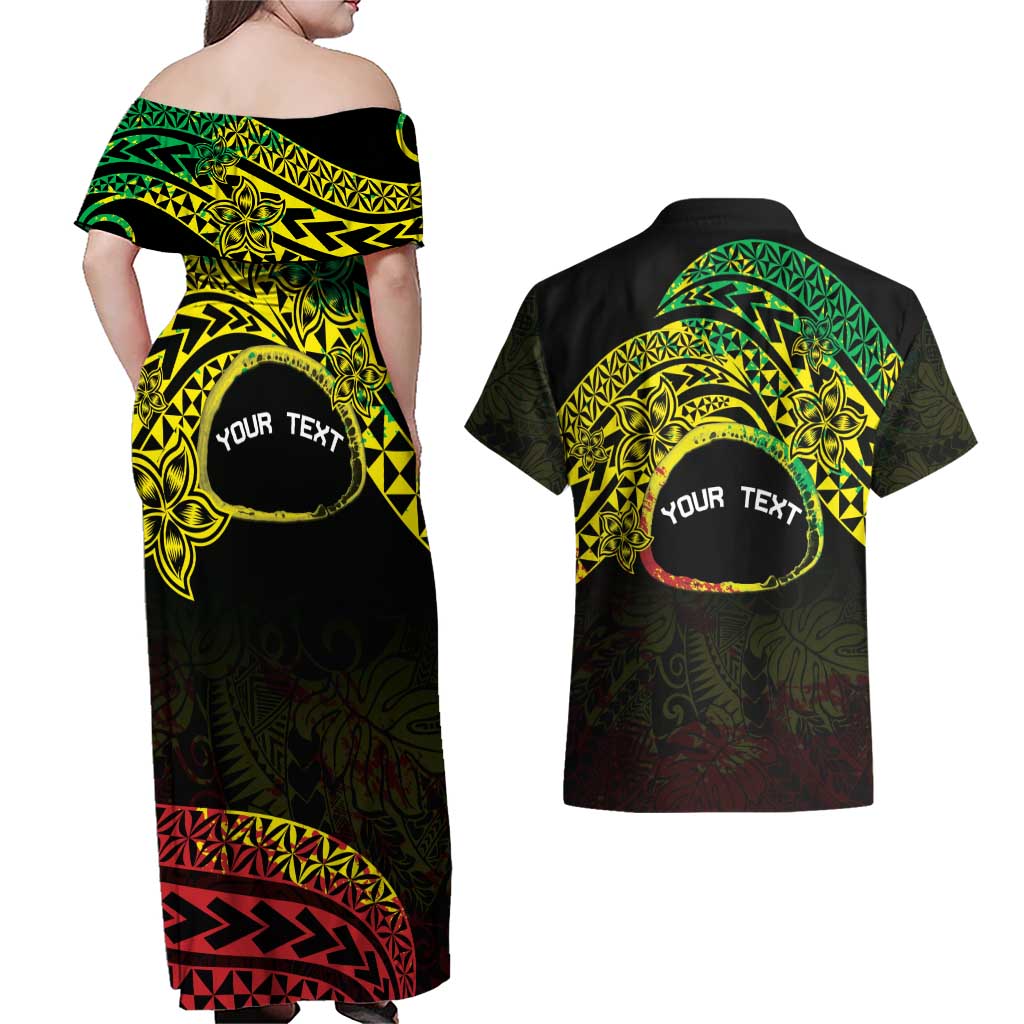 Personalised Nukuoro Atoll Couples Matching Off Shoulder Maxi Dress and Hawaiian Shirt Polynesian Tattoo Curves Reggae Version LT14 - Polynesian Pride