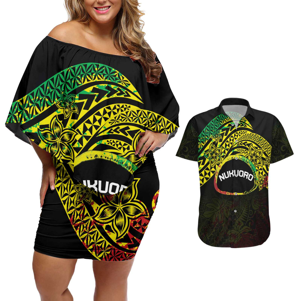 Personalised Nukuoro Atoll Couples Matching Off Shoulder Short Dress and Hawaiian Shirt Polynesian Tattoo Curves Reggae Version LT14 Reggae - Polynesian Pride