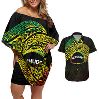 Personalised Nukuoro Atoll Couples Matching Off Shoulder Short Dress and Hawaiian Shirt Polynesian Tattoo Curves Reggae Version LT14 Reggae - Polynesian Pride
