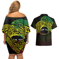 Personalised Nukuoro Atoll Couples Matching Off Shoulder Short Dress and Hawaiian Shirt Polynesian Tattoo Curves Reggae Version LT14 - Polynesian Pride