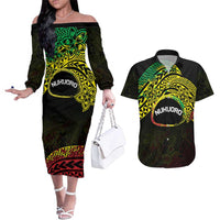 Personalised Nukuoro Atoll Couples Matching Off The Shoulder Long Sleeve Dress and Hawaiian Shirt Polynesian Tattoo Curves Reggae Version LT14 Reggae - Polynesian Pride