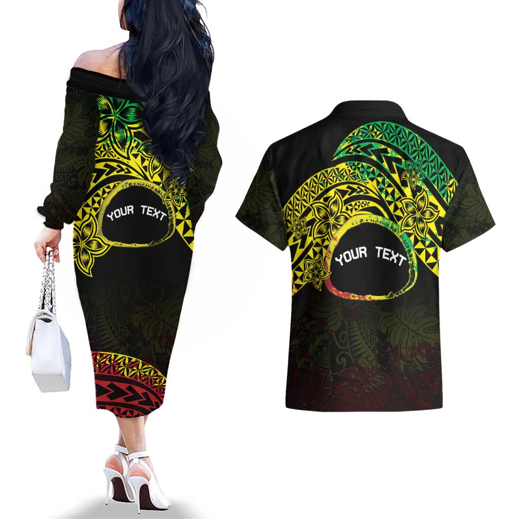 Personalised Nukuoro Atoll Couples Matching Off The Shoulder Long Sleeve Dress and Hawaiian Shirt Polynesian Tattoo Curves Reggae Version LT14 - Polynesian Pride