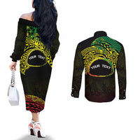 Personalised Nukuoro Atoll Couples Matching Off The Shoulder Long Sleeve Dress and Long Sleeve Button Shirt Polynesian Tattoo Curves Reggae Version LT14 - Polynesian Pride