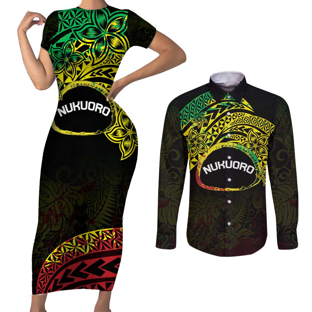 Personalised Nukuoro Atoll Couples Matching Short Sleeve Bodycon Dress and Long Sleeve Button Shirt Polynesian Tattoo Curves Reggae Version LT14 Reggae - Polynesian Pride
