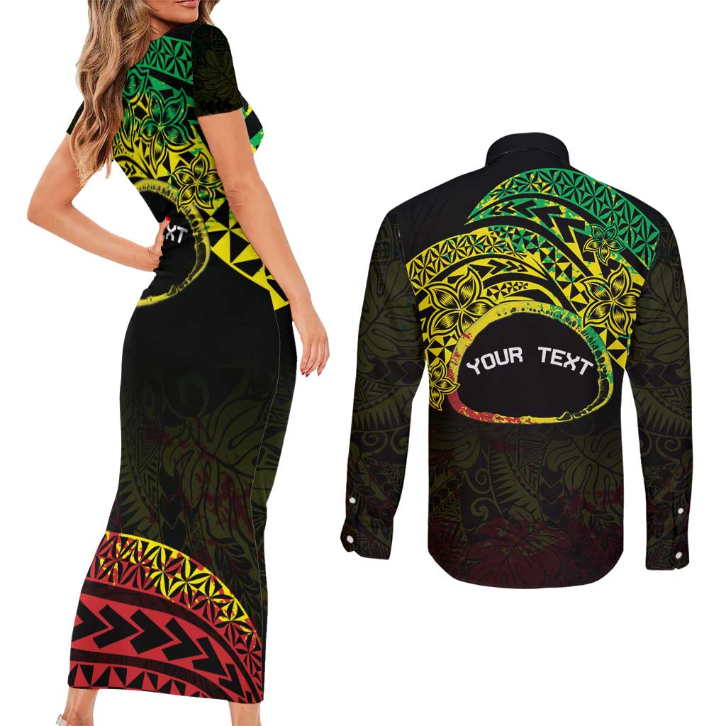 Personalised Nukuoro Atoll Couples Matching Short Sleeve Bodycon Dress and Long Sleeve Button Shirt Polynesian Tattoo Curves Reggae Version LT14 - Polynesian Pride