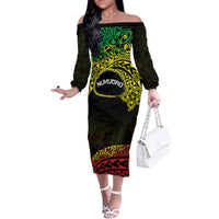 Personalised Nukuoro Atoll Family Matching Off The Shoulder Long Sleeve Dress and Hawaiian Shirt Polynesian Tattoo Curves Reggae Version LT14 Mom's Dress Reggae - Polynesian Pride