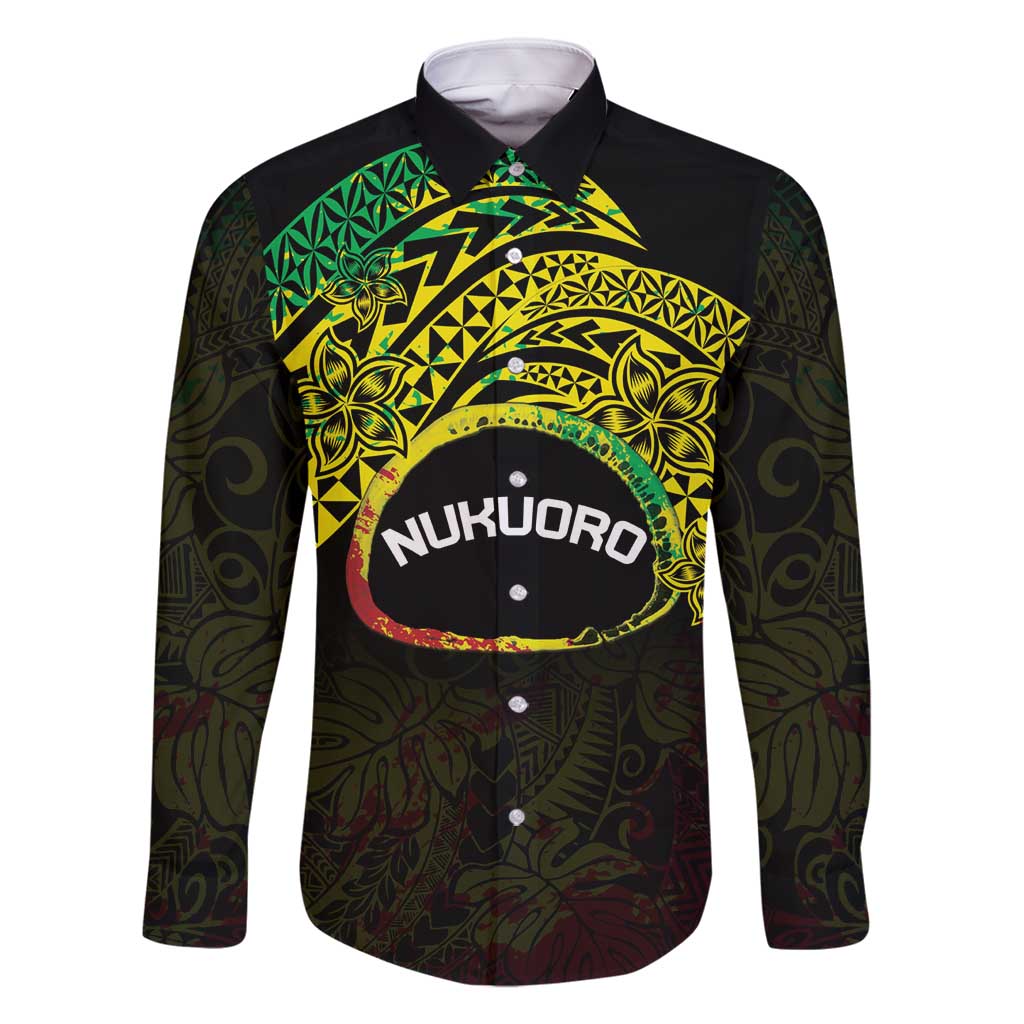 Personalised Nukuoro Atoll Family Matching Off Shoulder Maxi Dress and Hawaiian Shirt Polynesian Tattoo Curves Reggae Version LT14 Dad's Shirt - Long Sleeve Reggae - Polynesian Pride