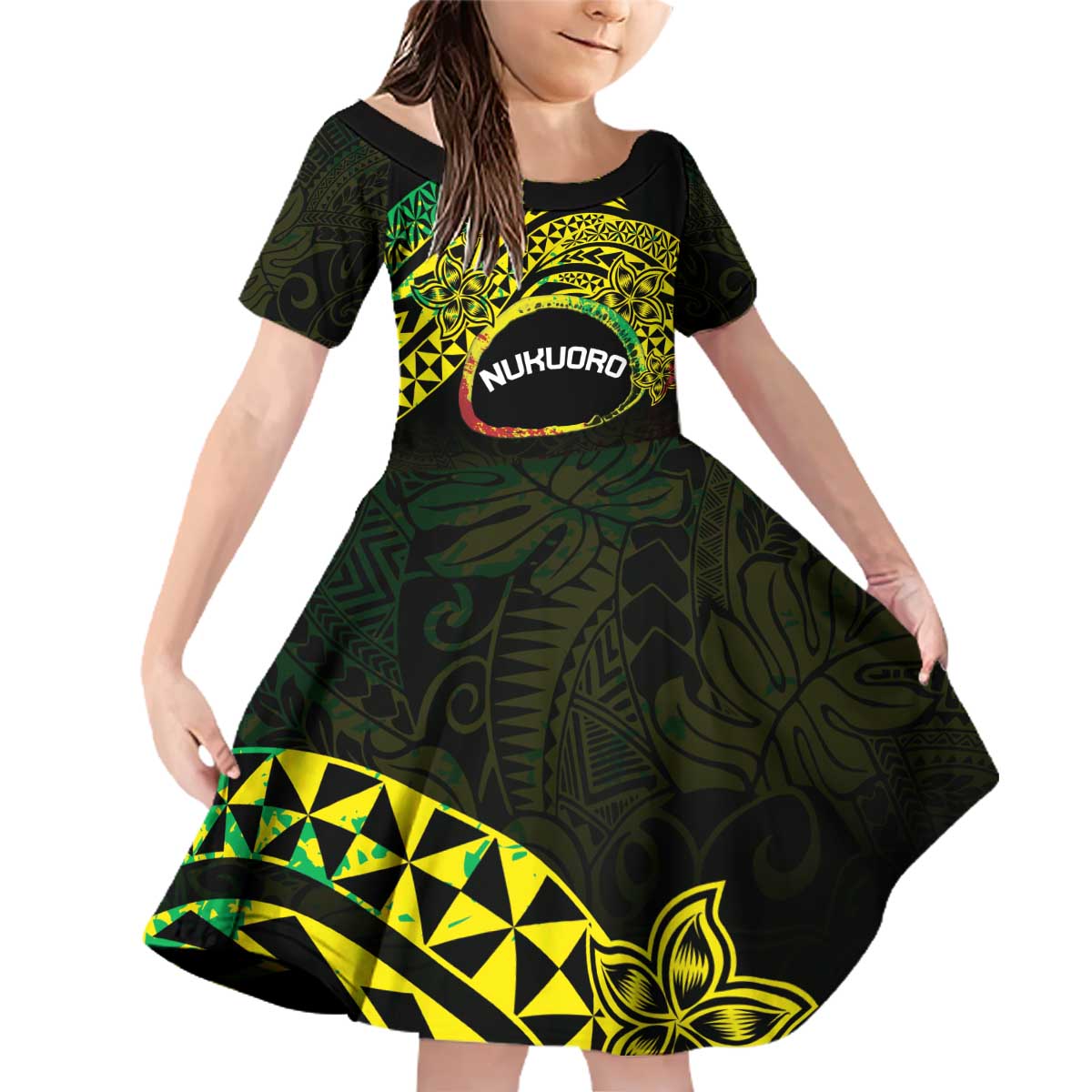 Personalised Nukuoro Atoll Family Matching Off Shoulder Short Dress and Hawaiian Shirt Polynesian Tattoo Curves Reggae Version LT14 Daughter's Dress Reggae - Polynesian Pride