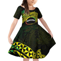 Personalised Nukuoro Atoll Family Matching Off Shoulder Short Dress and Hawaiian Shirt Polynesian Tattoo Curves Reggae Version LT14 Daughter's Dress Reggae - Polynesian Pride