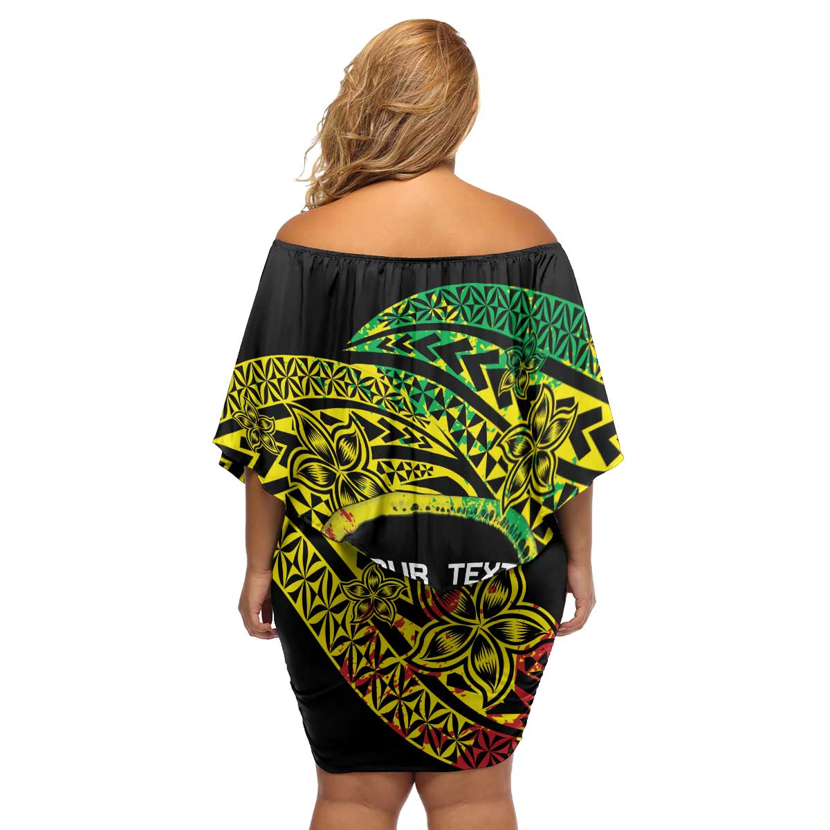 Personalised Nukuoro Atoll Family Matching Off Shoulder Short Dress and Hawaiian Shirt Polynesian Tattoo Curves Reggae Version LT14 - Polynesian Pride