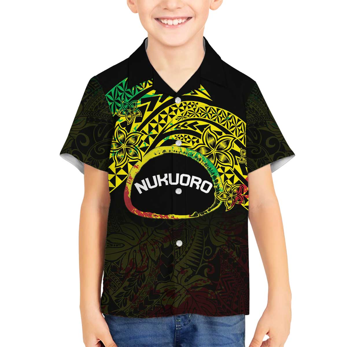 Personalised Nukuoro Atoll Family Matching Off Shoulder Short Dress and Hawaiian Shirt Polynesian Tattoo Curves Reggae Version LT14 Son's Shirt Reggae - Polynesian Pride