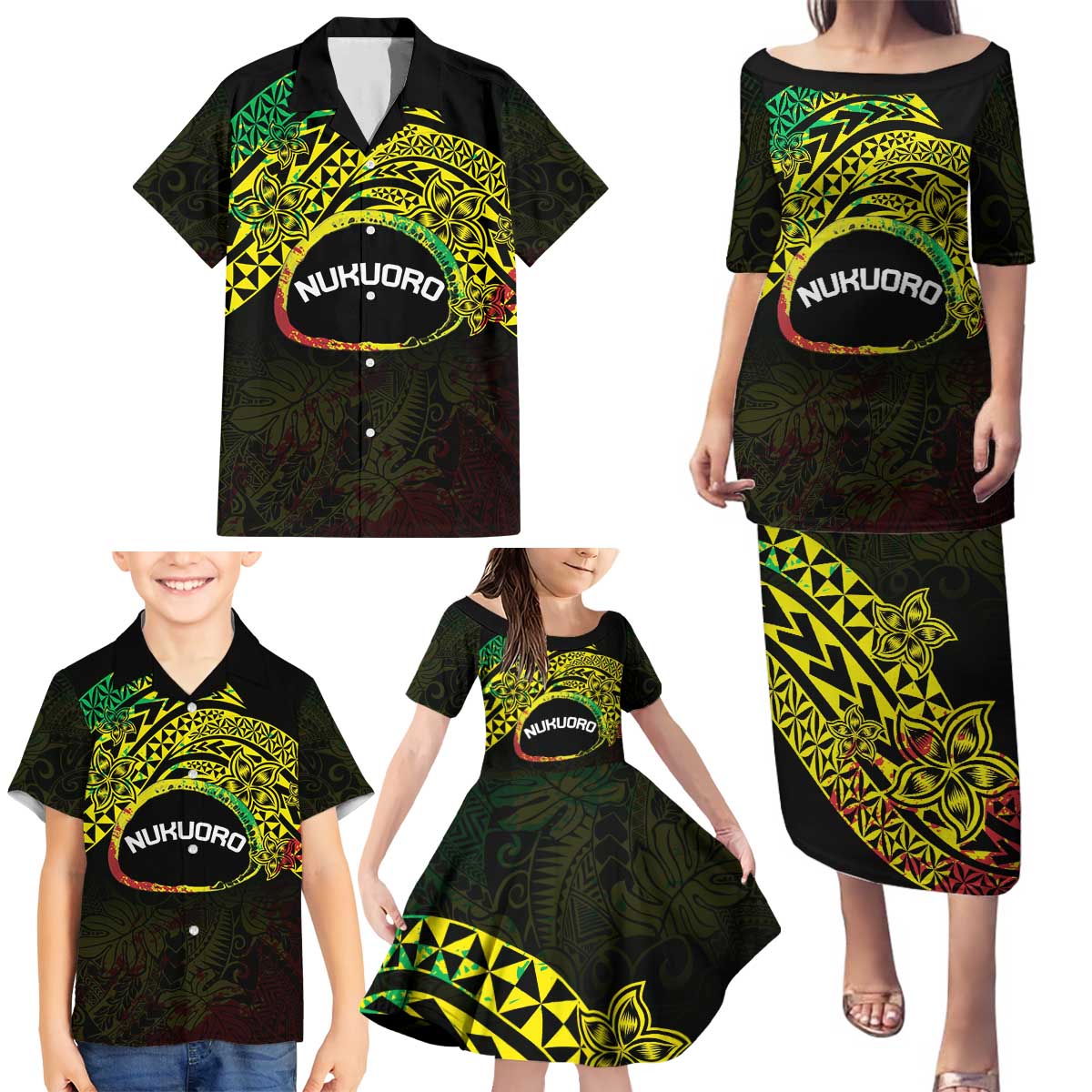 Personalised Nukuoro Atoll Family Matching Puletasi and Hawaiian Shirt Polynesian Tattoo Curves Reggae Version LT14 - Polynesian Pride