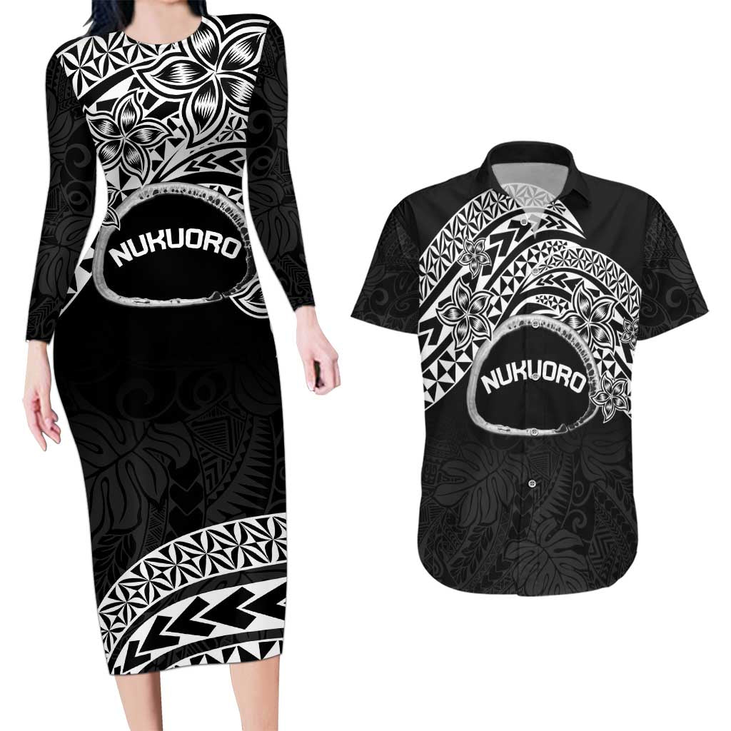 Personalised Pohnpei Nukuoro Micronesia Couples Matching Long Sleeve Bodycon Dress and Hawaiian Shirt Polynesian Tattoo Curves Black Version LT14 Black - Polynesian Pride