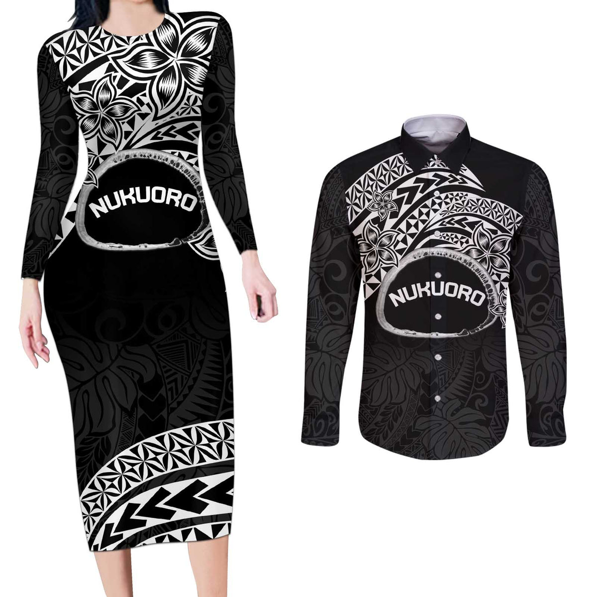 Personalised Pohnpei Nukuoro Micronesia Couples Matching Long Sleeve Bodycon Dress and Long Sleeve Button Shirt Polynesian Tattoo Curves Black Version LT14 Black - Polynesian Pride