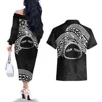 Personalised Pohnpei Nukuoro Micronesia Couples Matching Off The Shoulder Long Sleeve Dress and Hawaiian Shirt Polynesian Tattoo Curves Black Version LT14 - Polynesian Pride