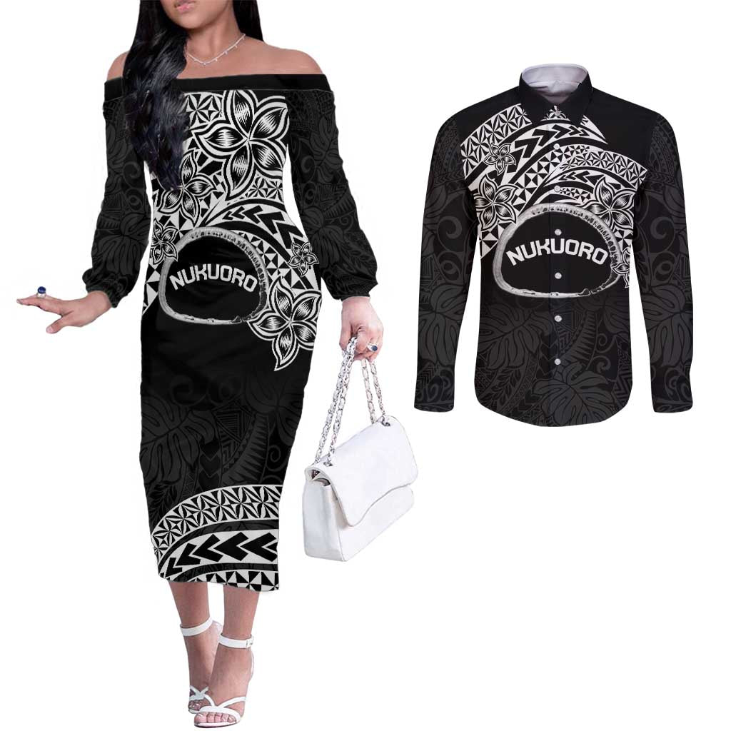 Personalised Pohnpei Nukuoro Micronesia Couples Matching Off The Shoulder Long Sleeve Dress and Long Sleeve Button Shirt Polynesian Tattoo Curves Black Version LT14 Black - Polynesian Pride