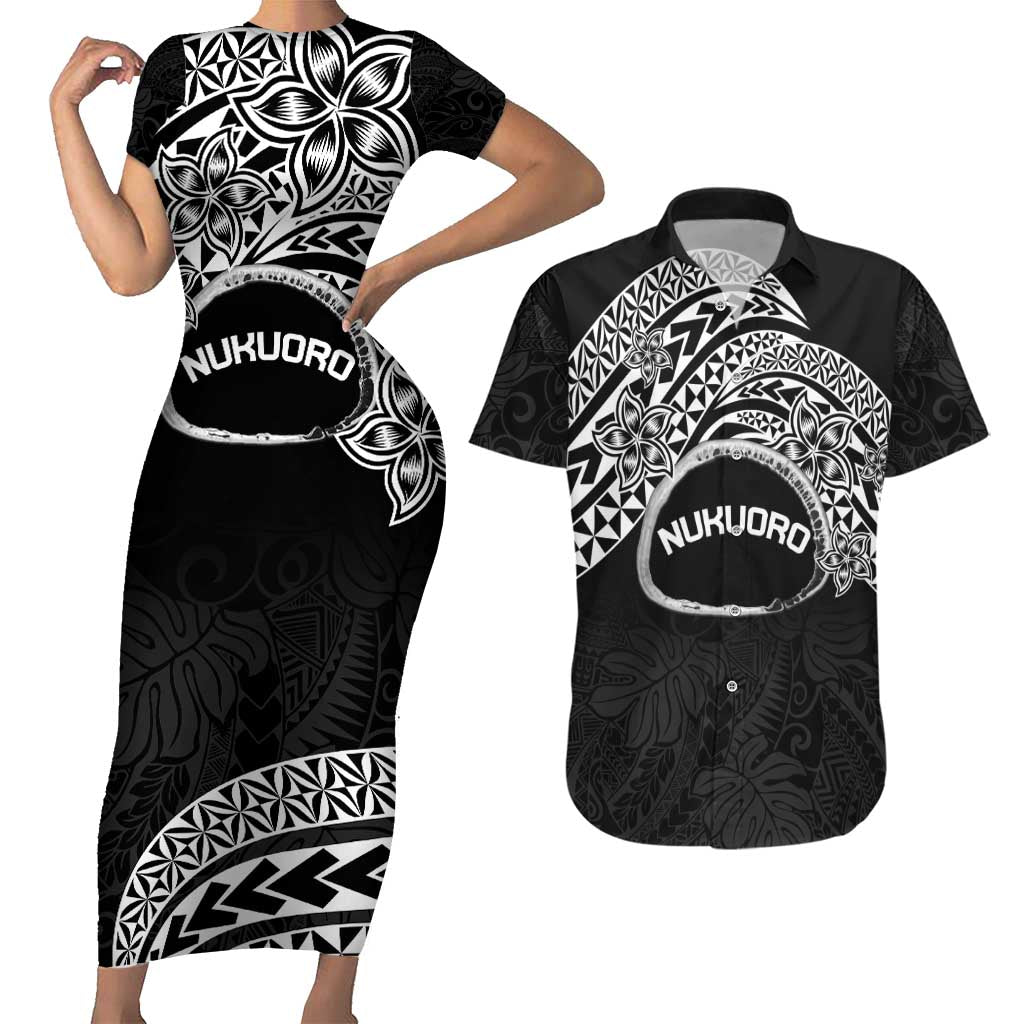 Personalised Pohnpei Nukuoro Micronesia Couples Matching Short Sleeve Bodycon Dress and Hawaiian Shirt Polynesian Tattoo Curves Black Version LT14 Black - Polynesian Pride