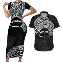 Personalised Pohnpei Nukuoro Micronesia Couples Matching Short Sleeve Bodycon Dress and Hawaiian Shirt Polynesian Tattoo Curves Black Version LT14 Black - Polynesian Pride