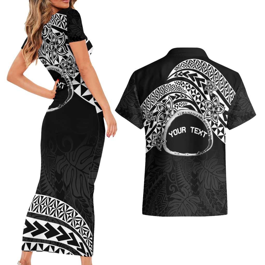 Personalised Pohnpei Nukuoro Micronesia Couples Matching Short Sleeve Bodycon Dress and Hawaiian Shirt Polynesian Tattoo Curves Black Version LT14 - Polynesian Pride
