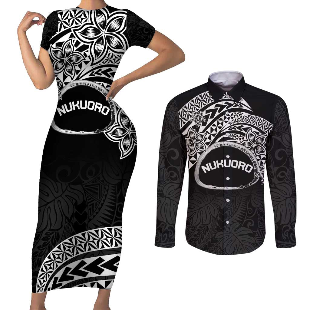 Personalised Pohnpei Nukuoro Micronesia Couples Matching Short Sleeve Bodycon Dress and Long Sleeve Button Shirt Polynesian Tattoo Curves Black Version LT14 Black - Polynesian Pride