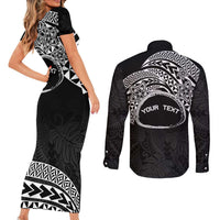 Personalised Pohnpei Nukuoro Micronesia Couples Matching Short Sleeve Bodycon Dress and Long Sleeve Button Shirt Polynesian Tattoo Curves Black Version LT14 - Polynesian Pride