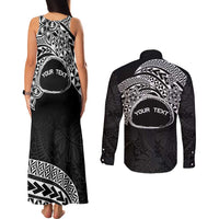 Personalised Pohnpei Nukuoro Micronesia Couples Matching Tank Maxi Dress and Long Sleeve Button Shirt Polynesian Tattoo Curves Black Version