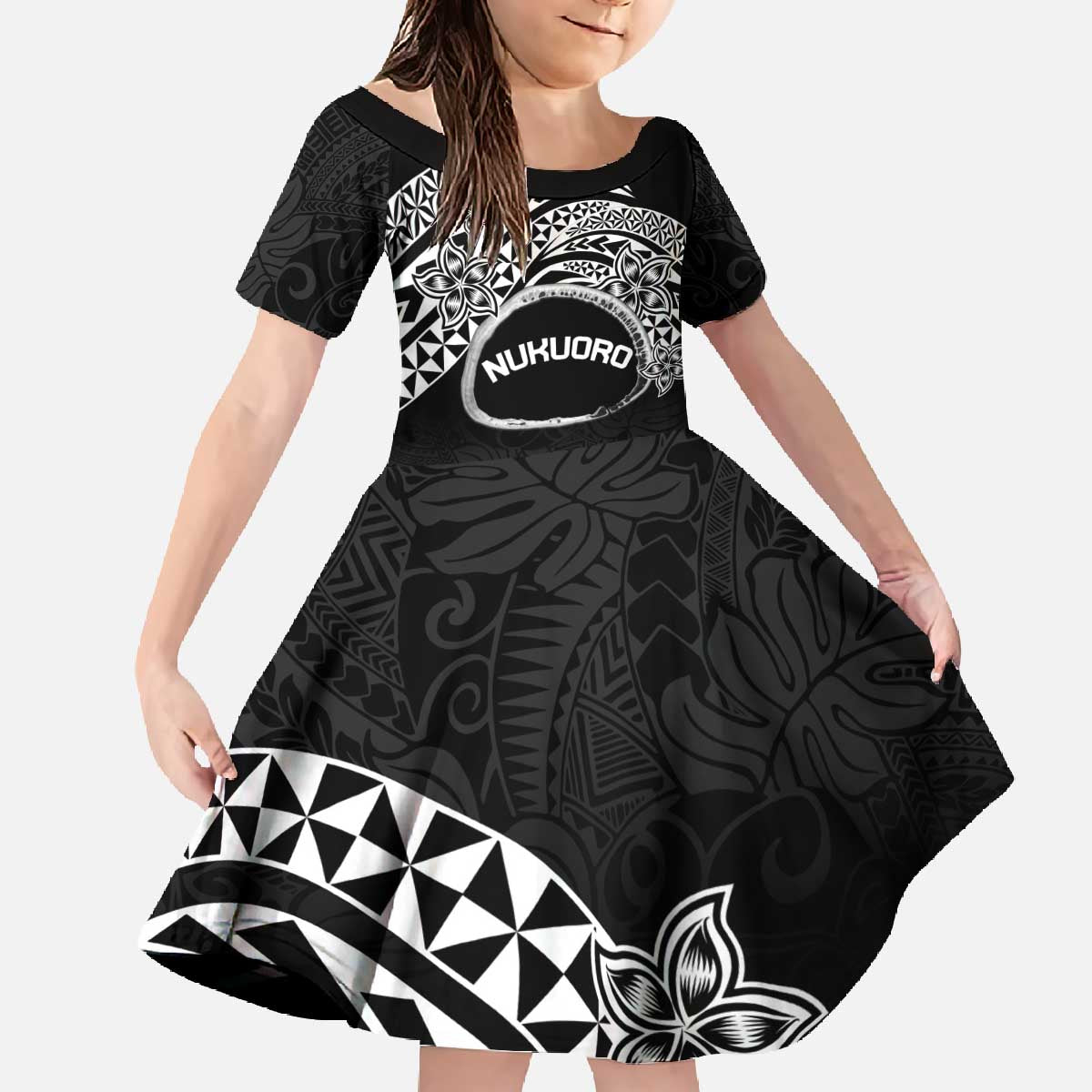 Personalised Pohnpei Nukuoro Micronesia Family Matching Off The Shoulder Long Sleeve Dress and Hawaiian Shirt Polynesian Tattoo Curves Black Version LT14 Daughter's Dress Black - Polynesian Pride
