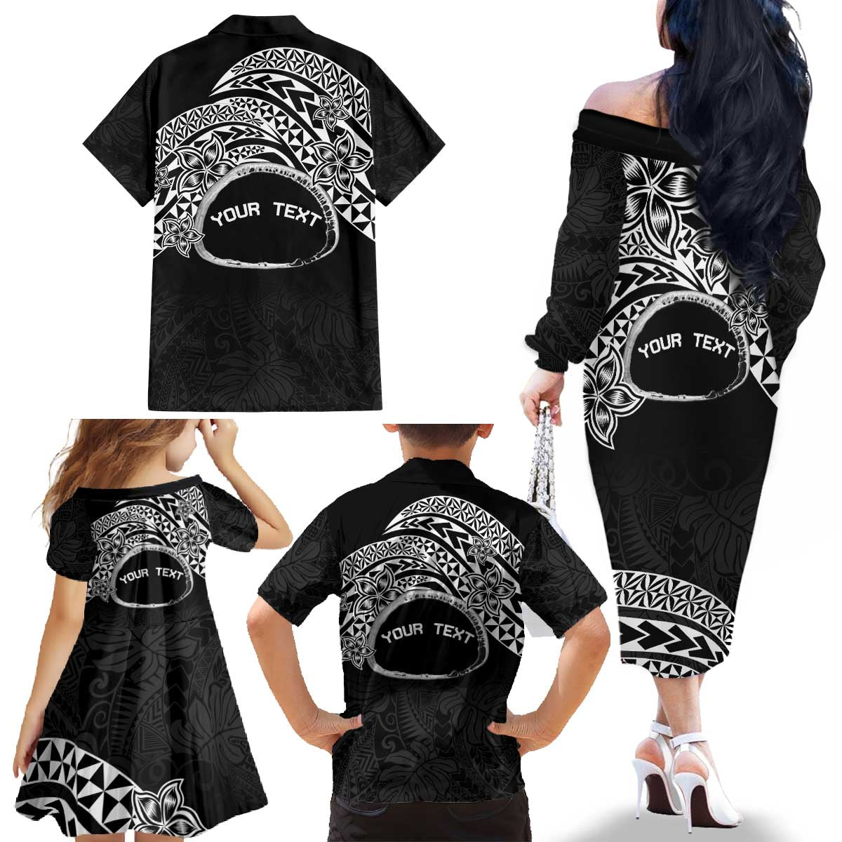 Personalised Pohnpei Nukuoro Micronesia Family Matching Off The Shoulder Long Sleeve Dress and Hawaiian Shirt Polynesian Tattoo Curves Black Version LT14 - Polynesian Pride