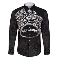 Personalised Pohnpei Nukuoro Micronesia Family Matching Off The Shoulder Long Sleeve Dress and Hawaiian Shirt Polynesian Tattoo Curves Black Version LT14 Dad's Shirt - Long Sleeve Black - Polynesian Pride