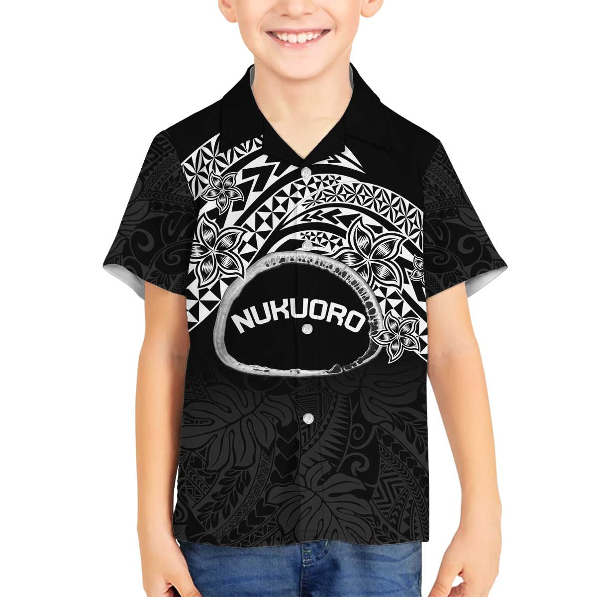 Personalised Pohnpei Nukuoro Micronesia Family Matching Off The Shoulder Long Sleeve Dress and Hawaiian Shirt Polynesian Tattoo Curves Black Version LT14 Son's Shirt Black - Polynesian Pride