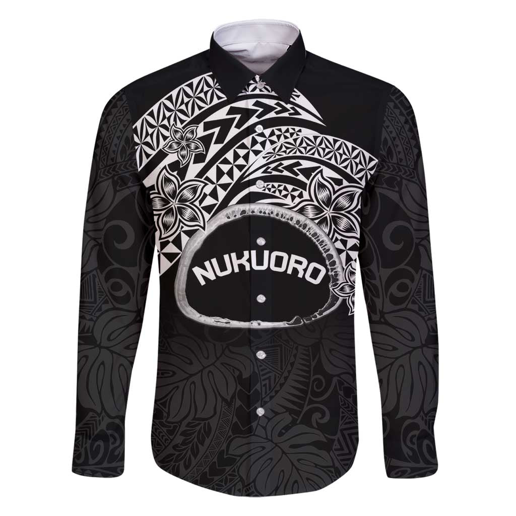 Personalised Pohnpei Nukuoro Micronesia Family Matching Off Shoulder Maxi Dress and Hawaiian Shirt Polynesian Tattoo Curves Black Version LT14 Dad's Shirt - Long Sleeve Black - Polynesian Pride