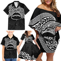 Personalised Pohnpei Nukuoro Micronesia Family Matching Off Shoulder Short Dress and Hawaiian Shirt Polynesian Tattoo Curves Black Version LT14 - Polynesian Pride