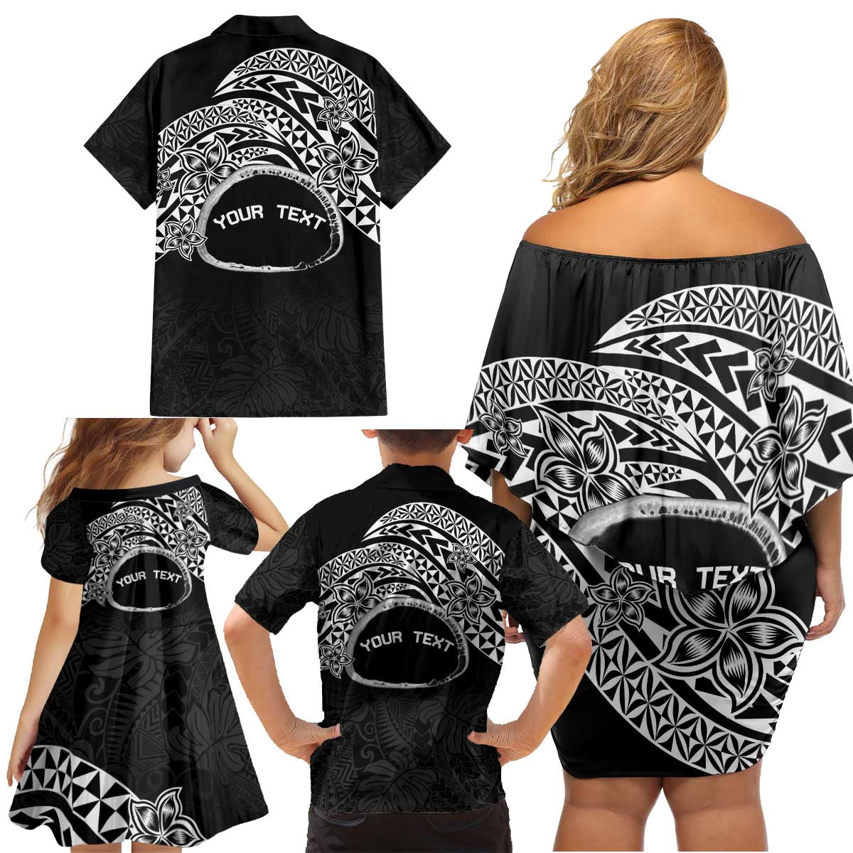 Personalised Pohnpei Nukuoro Micronesia Family Matching Off Shoulder Short Dress and Hawaiian Shirt Polynesian Tattoo Curves Black Version LT14 - Polynesian Pride