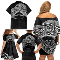 Personalised Pohnpei Nukuoro Micronesia Family Matching Off Shoulder Short Dress and Hawaiian Shirt Polynesian Tattoo Curves Black Version LT14 - Polynesian Pride