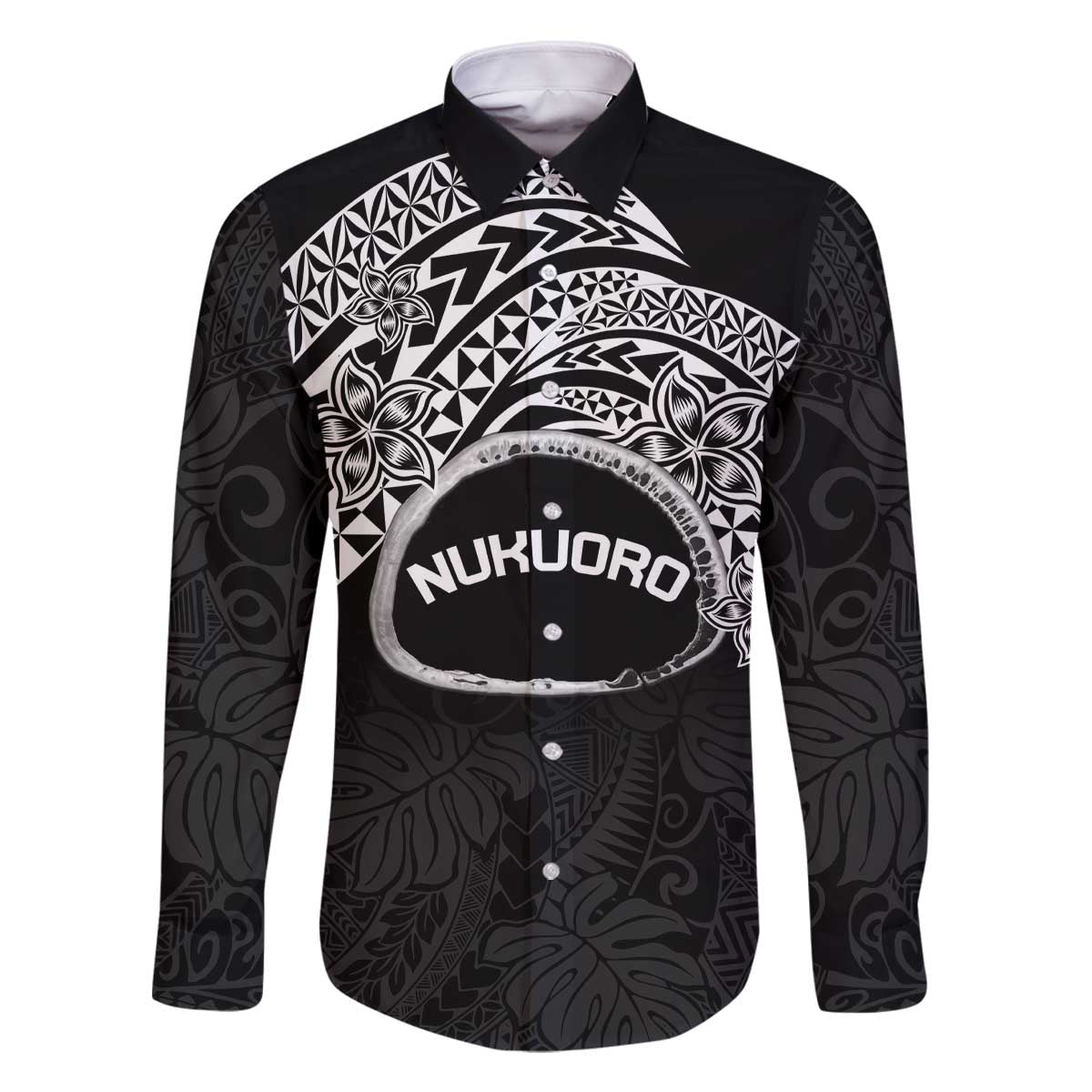 Personalised Pohnpei Nukuoro Micronesia Family Matching Off Shoulder Short Dress and Hawaiian Shirt Polynesian Tattoo Curves Black Version LT14 Dad's Shirt - Long Sleeve Black - Polynesian Pride