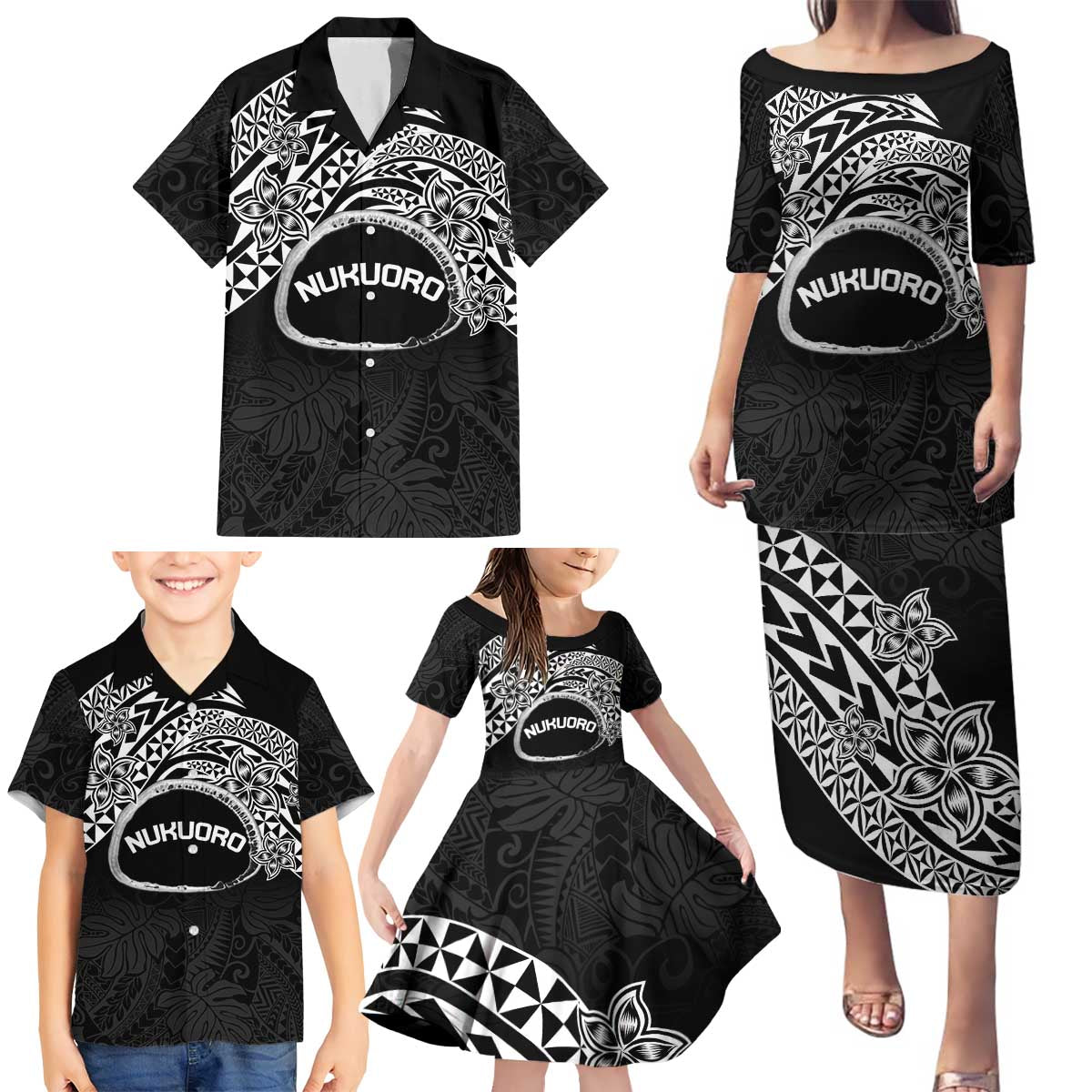 Personalised Pohnpei Nukuoro Micronesia Family Matching Puletasi and Hawaiian Shirt Polynesian Tattoo Curves Black Version LT14 - Polynesian Pride
