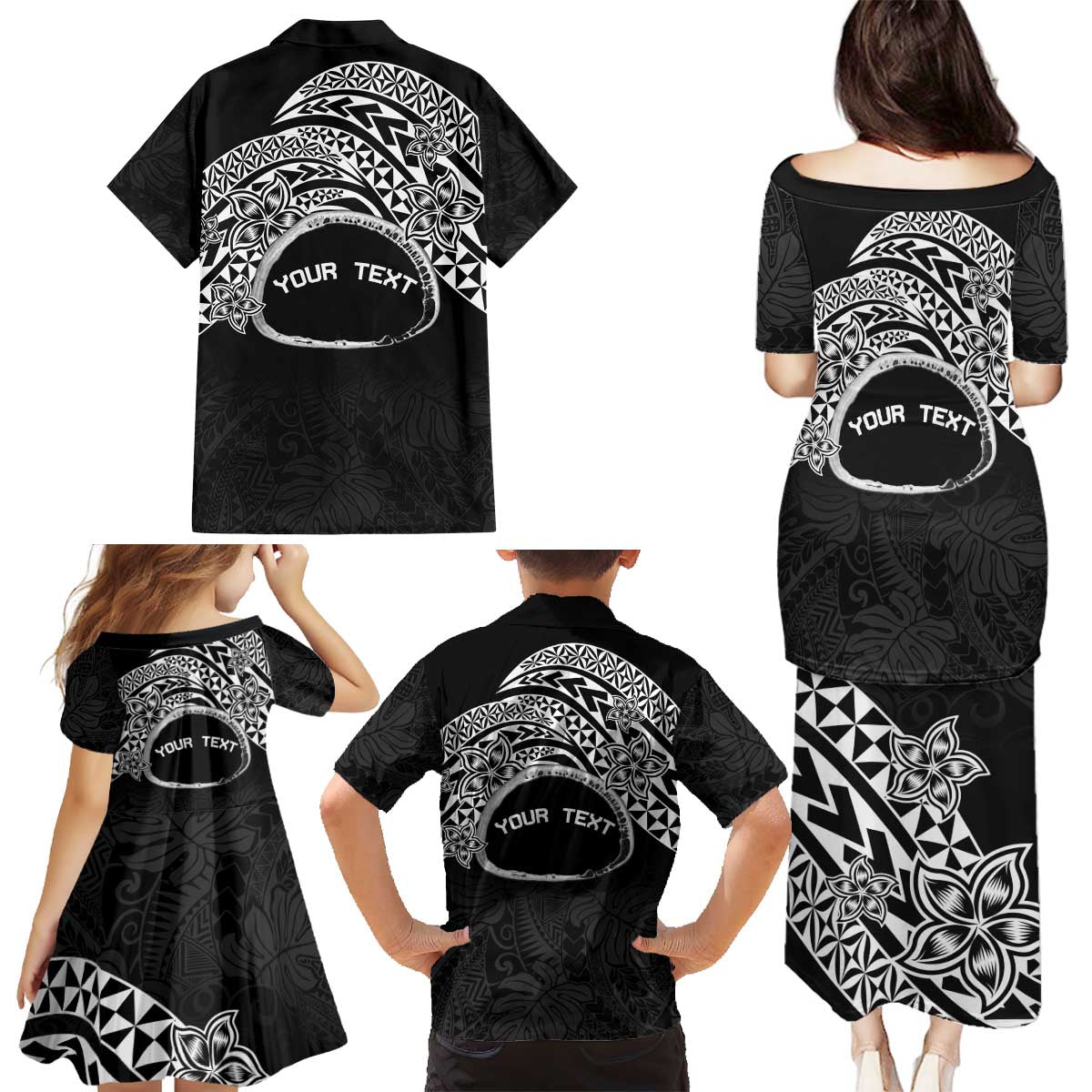 Personalised Pohnpei Nukuoro Micronesia Family Matching Puletasi and Hawaiian Shirt Polynesian Tattoo Curves Black Version LT14 - Polynesian Pride