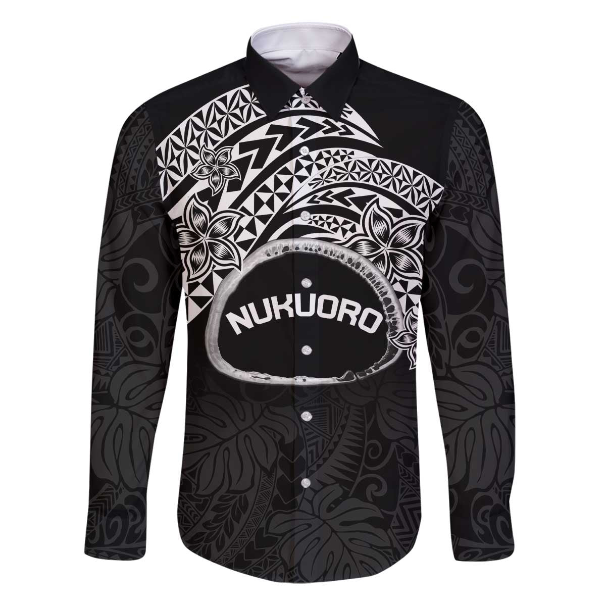 Personalised Pohnpei Nukuoro Micronesia Family Matching Puletasi and Hawaiian Shirt Polynesian Tattoo Curves Black Version LT14 Dad's Shirt - Long Sleeve Black - Polynesian Pride
