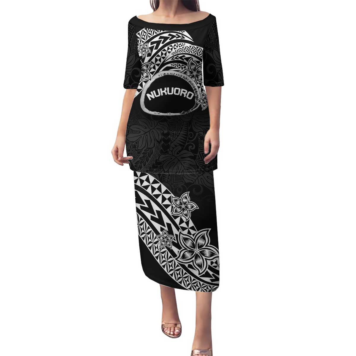 Personalised Pohnpei Nukuoro Micronesia Family Matching Puletasi and Hawaiian Shirt Polynesian Tattoo Curves Black Version LT14 Mom's Dress Black - Polynesian Pride