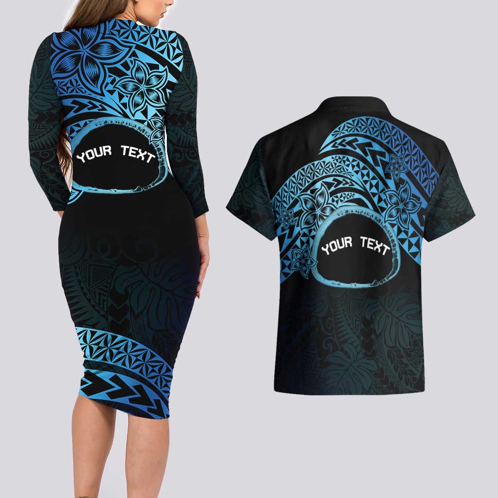 Personalised Pohnpei Nukuoro Micronesia Couples Matching Long Sleeve Bodycon Dress and Hawaiian Shirt Polynesian Tattoo Curves Blue Version LT14 - Polynesian Pride