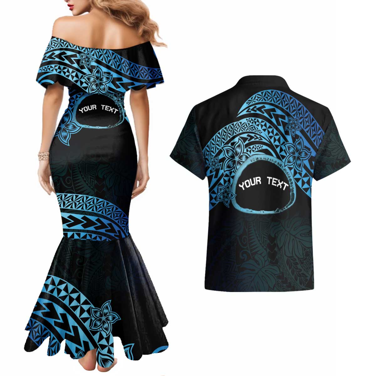 Personalised Pohnpei Nukuoro Micronesia Couples Matching Mermaid Dress and Hawaiian Shirt Polynesian Tattoo Curves Blue Version LT14 - Polynesian Pride
