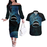 Personalised Pohnpei Nukuoro Micronesia Couples Matching Off The Shoulder Long Sleeve Dress and Hawaiian Shirt Polynesian Tattoo Curves Blue Version LT14 Blue - Polynesian Pride