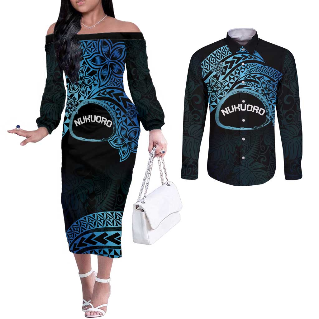 Personalised Pohnpei Nukuoro Micronesia Couples Matching Off The Shoulder Long Sleeve Dress and Long Sleeve Button Shirt Polynesian Tattoo Curves Blue Version LT14 Blue - Polynesian Pride
