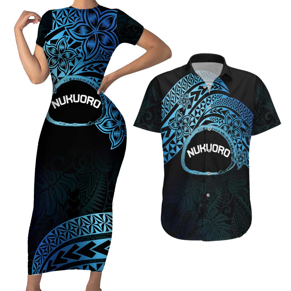 Personalised Pohnpei Nukuoro Micronesia Couples Matching Short Sleeve Bodycon Dress and Hawaiian Shirt Polynesian Tattoo Curves Blue Version LT14 Blue - Polynesian Pride