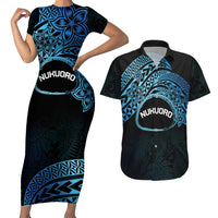 Personalised Pohnpei Nukuoro Micronesia Couples Matching Short Sleeve Bodycon Dress and Hawaiian Shirt Polynesian Tattoo Curves Blue Version LT14 Blue - Polynesian Pride