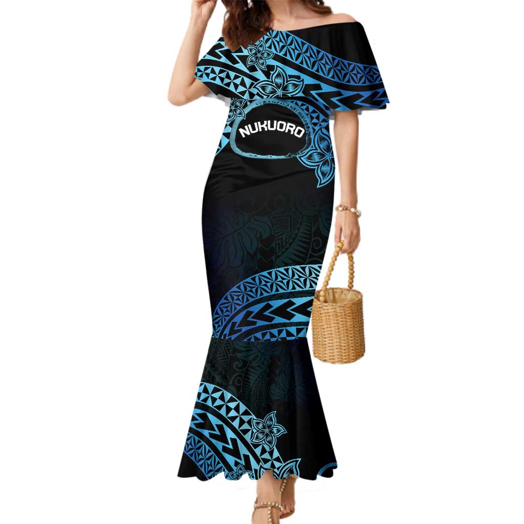 Personalised Pohnpei Nukuoro Micronesia Family Matching Mermaid Dress and Hawaiian Shirt Polynesian Tattoo Curves Blue Version LT14 Mom's Dress Blue - Polynesian Pride