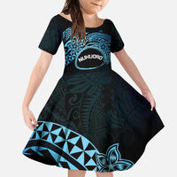 Personalised Pohnpei Nukuoro Micronesia Family Matching Off Shoulder Maxi Dress and Hawaiian Shirt Polynesian Tattoo Curves Blue Version LT14 Daughter's Dress Blue - Polynesian Pride