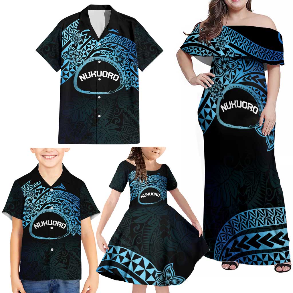 Personalised Pohnpei Nukuoro Micronesia Family Matching Off Shoulder Maxi Dress and Hawaiian Shirt Polynesian Tattoo Curves Blue Version LT14 - Polynesian Pride